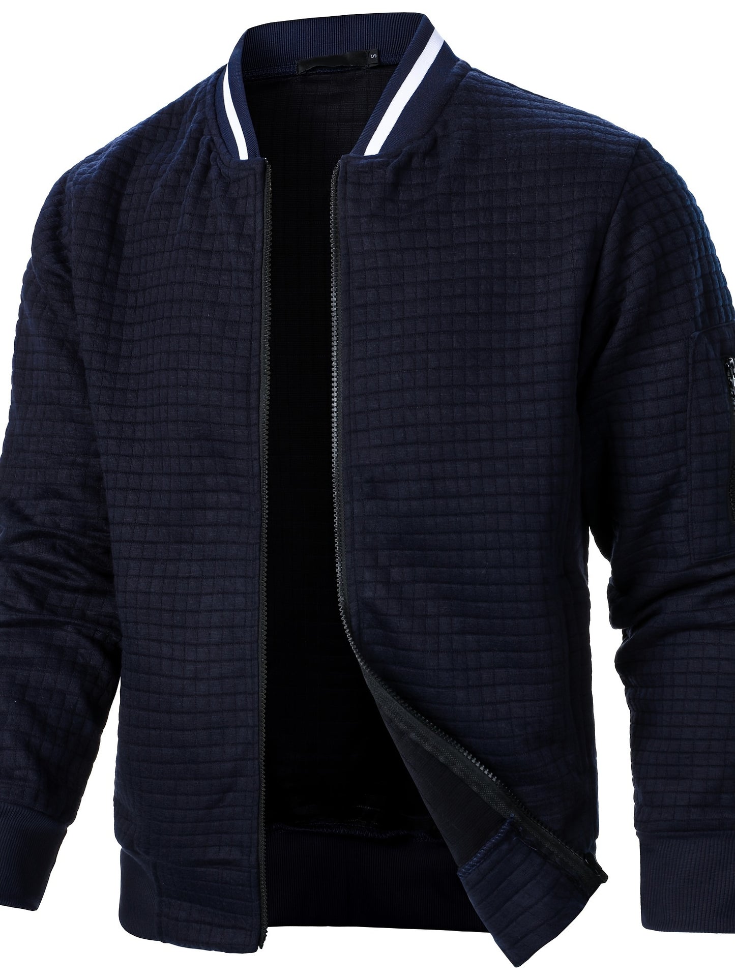 Herens Navy Blauwe Ritssluitstand Collar Jas - Casual Sporty Stijl, Gewatteerd Ontwerp, Ritssluiting, Lichtgewicht Polyester voor Lente & Herfst