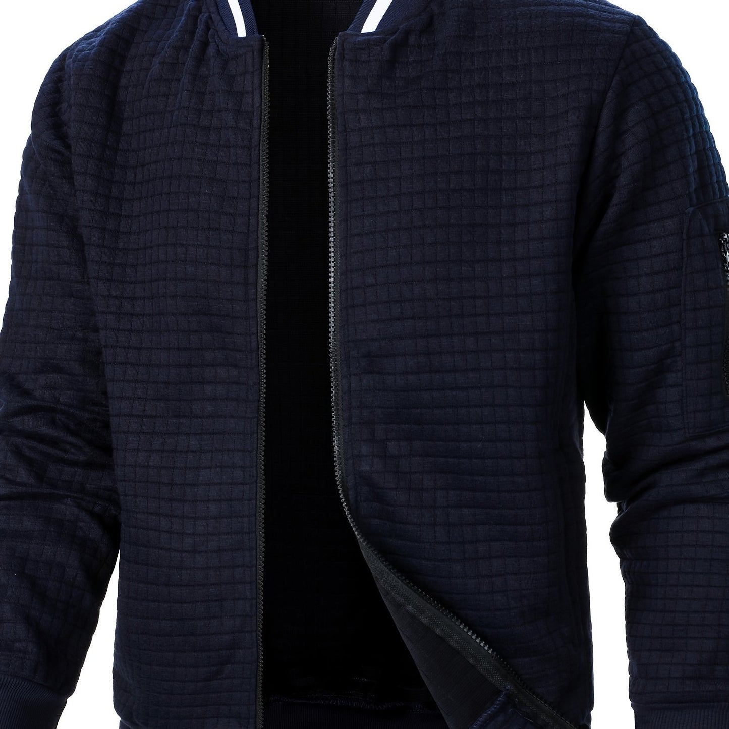 Herens Navy Blauwe Ritssluitstand Collar Jas - Casual Sporty Stijl, Gewatteerd Ontwerp, Ritssluiting, Lichtgewicht Polyester voor Lente & Herfst