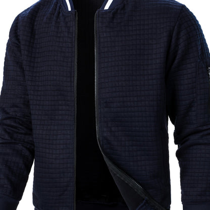 Herens Navy Blauwe Ritssluitstand Collar Jas - Casual Sporty Stijl, Gewatteerd Ontwerp, Ritssluiting, Lichtgewicht Polyester voor Lente & Herfst