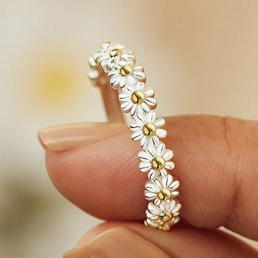 Susanne™ | Justerbar Silver Marguerite Ring med Håndmalet Detaljer
