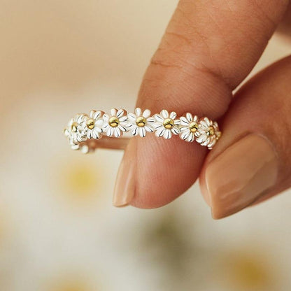 Susanne™ | Justerbar Silver Marguerite Ring med Håndmalet Detaljer