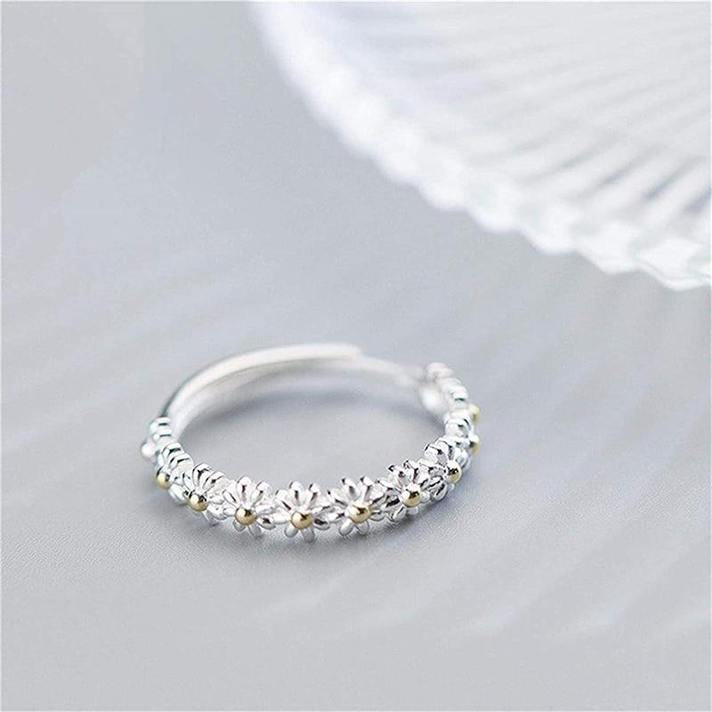 Susanne™ | Justerbar Silver Marguerite Ring med Håndmalet Detaljer