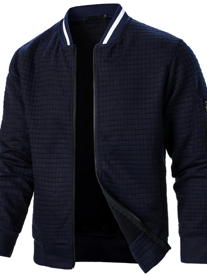 Herens Navy Blauwe Ritssluitstand Collar Jas - Casual Sporty Stijl, Gewatteerd Ontwerp, Ritssluiting, Lichtgewicht Polyester voor Lente & Herfst