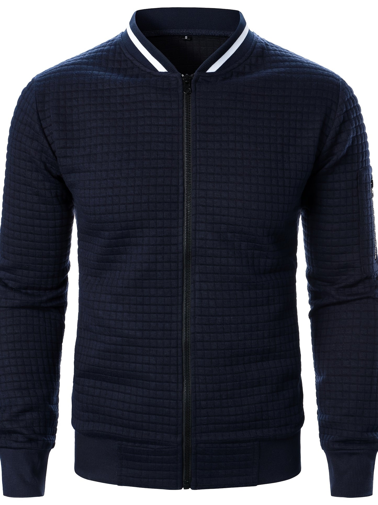 Herens Navy Blauwe Ritssluitstand Collar Jas - Casual Sporty Stijl, Gewatteerd Ontwerp, Ritssluiting, Lichtgewicht Polyester voor Lente & Herfst
